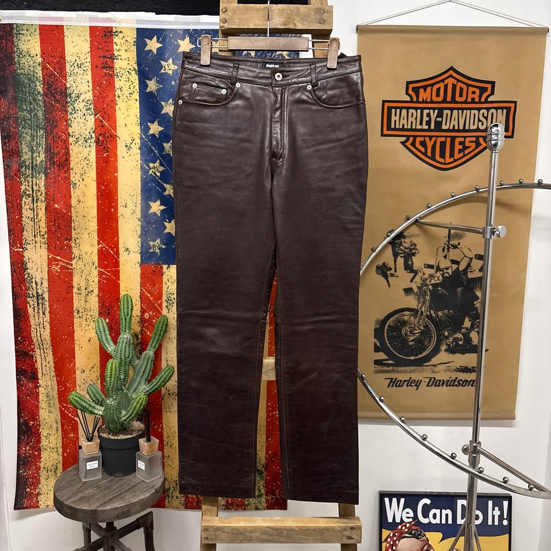 90s 라이트온 스트레이트 카우하이드 레더 팬츠 다크브라운 N1047 상품이미지1