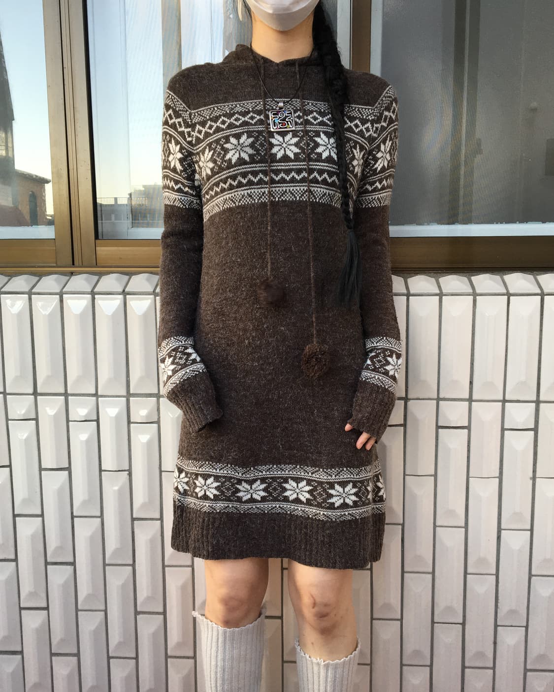 Pom pom snow pattern hood knit onepiece 상품이미지1