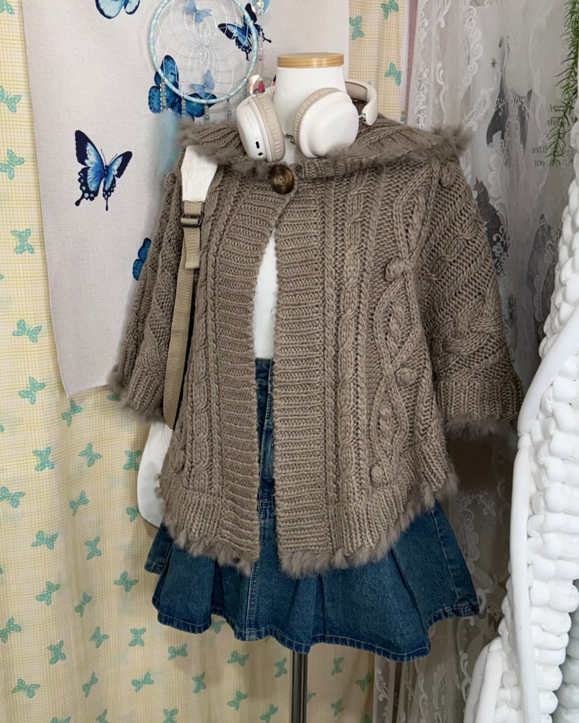 코코아 브라운 꽈배기 후드 케이프 가디건 상품이미지6