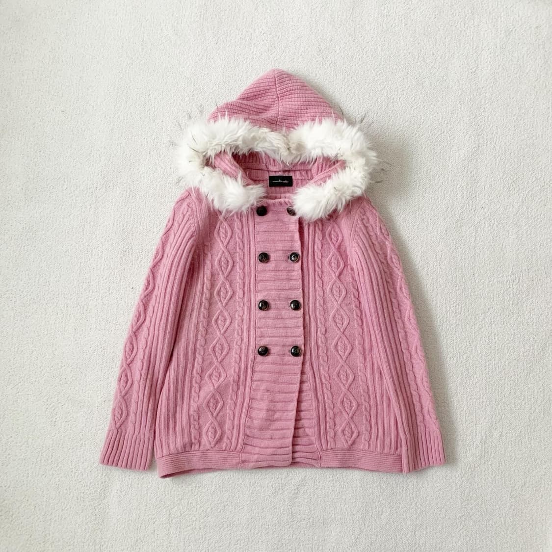 라즈베리핑크 더플단추 꽈배기 후드 가디건 상품이미지2