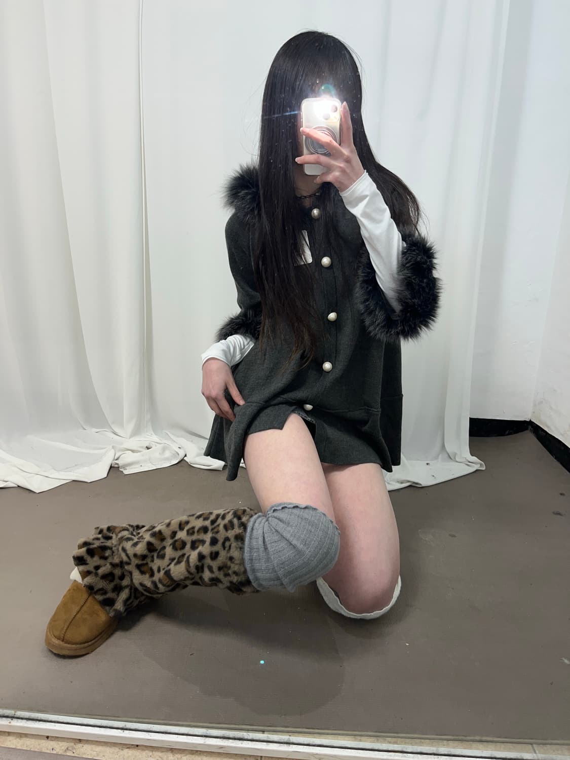 갸루st 울프죠 그레이 후드 판쵸 가디건 상품이미지2