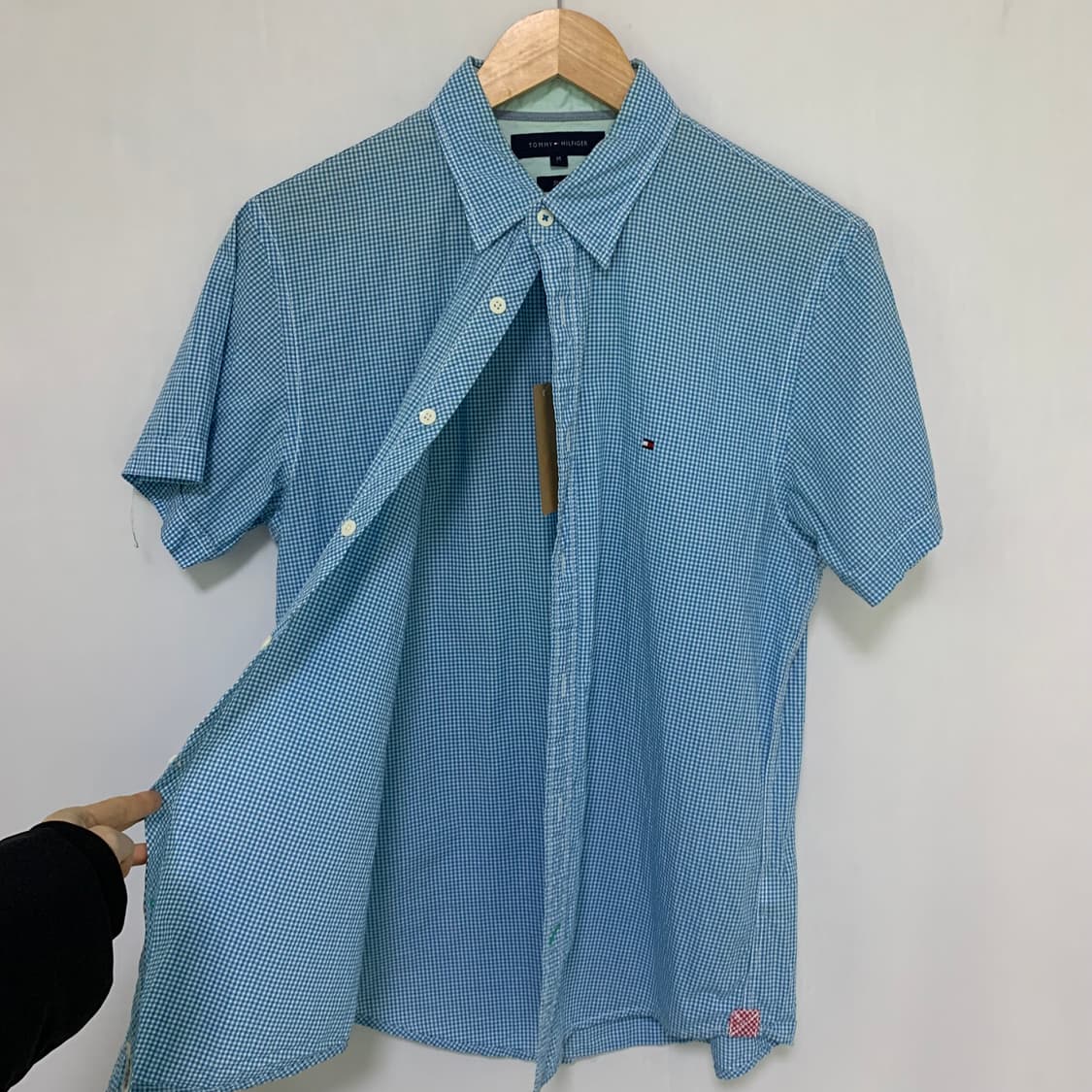타미힐피거 스카이 블루 깅엄 체크 반팔 셔츠 M  상품이미지7
