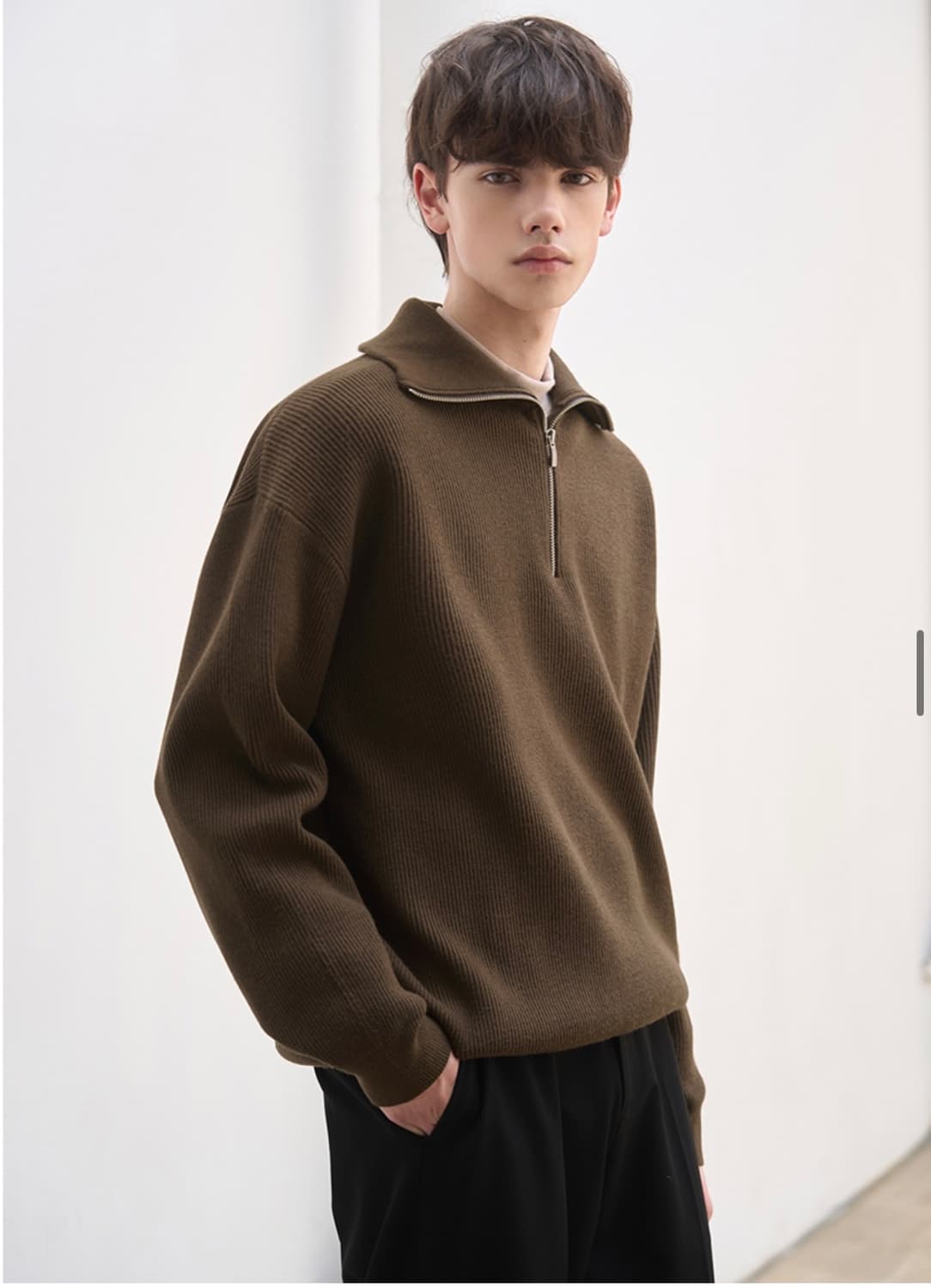 (새상품)(L) 드로우핏 오버사이즈 하프 집업 카라 울 니트 BROWN 상품이미지5