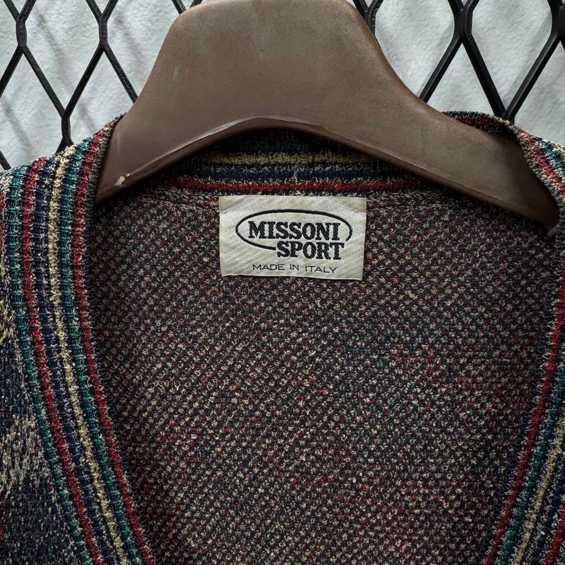 90s 미쏘니 스포츠 니트 가디건 멀티컬러 자가드 패턴 카키 상품이미지5