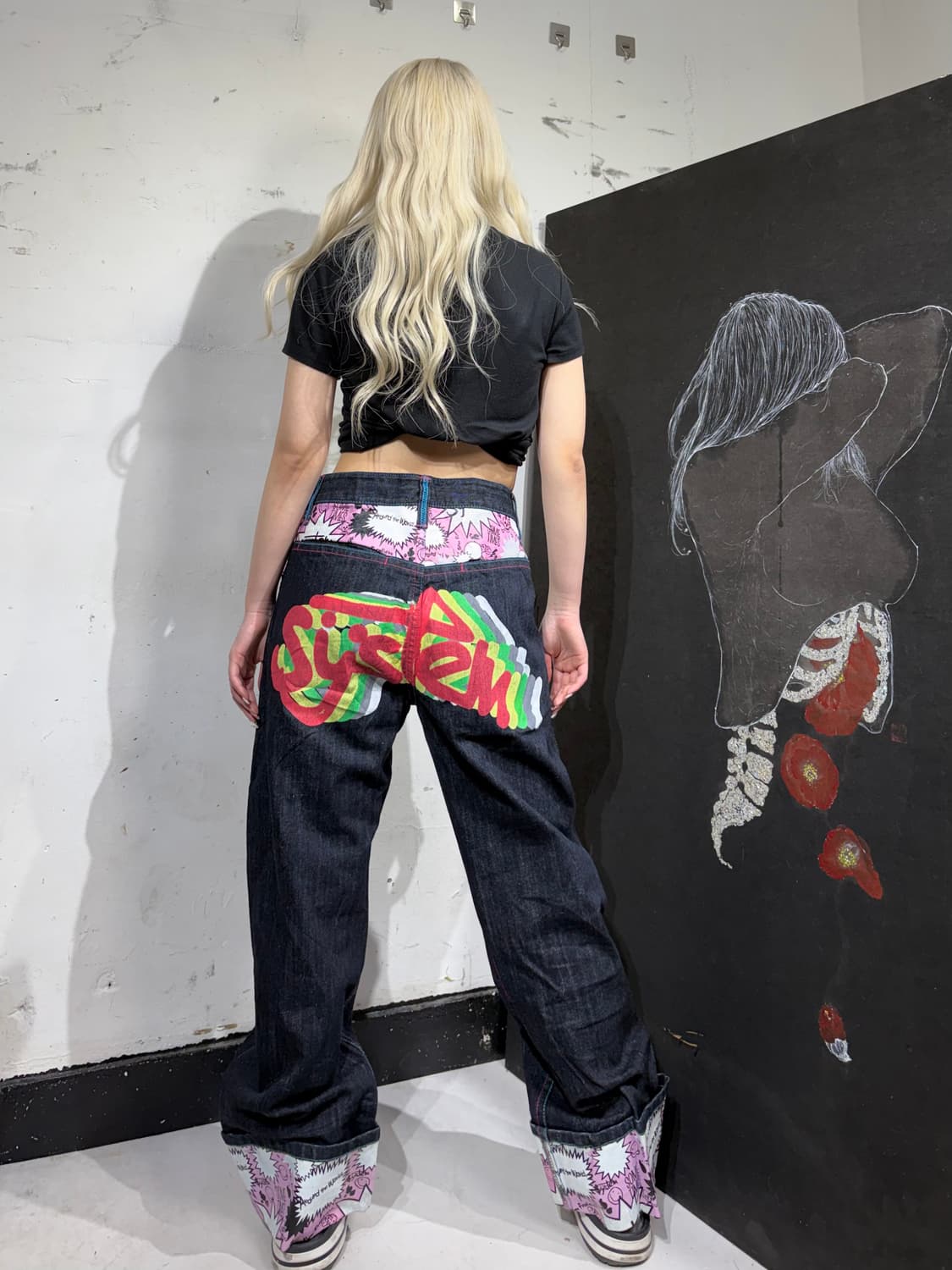 90s JPN 일본 빈티지 락 펑크 프린팅 와이드 데님 팬츠 청바지 상품이미지5