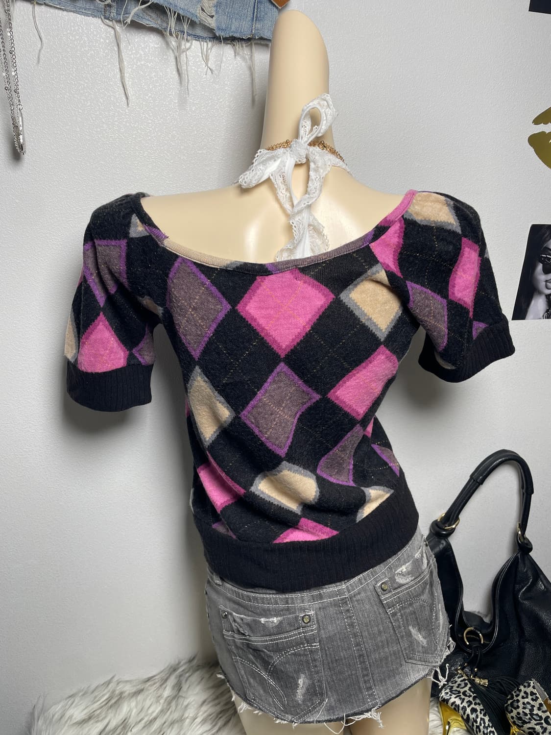 러블리 키치 아가일 오프숄더 니트 반팔티 탑 상품이미지3