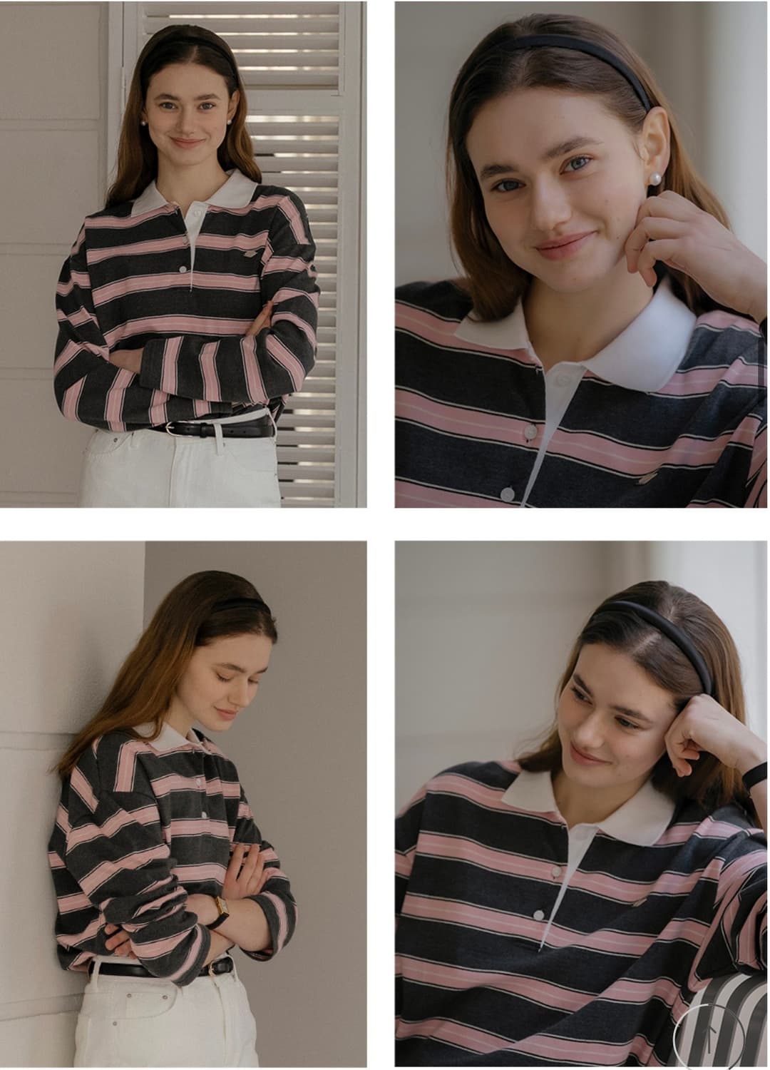 틸아이다이 스트라이프 챠콜 핑크 카라 럭비티 롱 슬리브 긴팔 티셔츠 M 상품이미지5