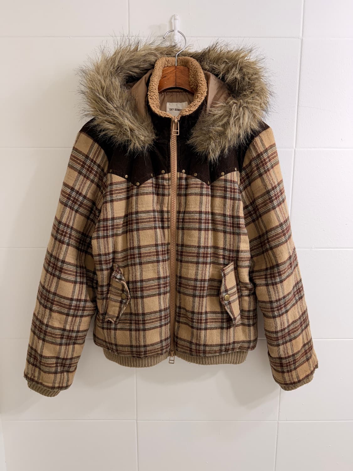 빈티지 브라운 체크 웨스턴 디테일 퍼 패딩 자켓 상품이미지4