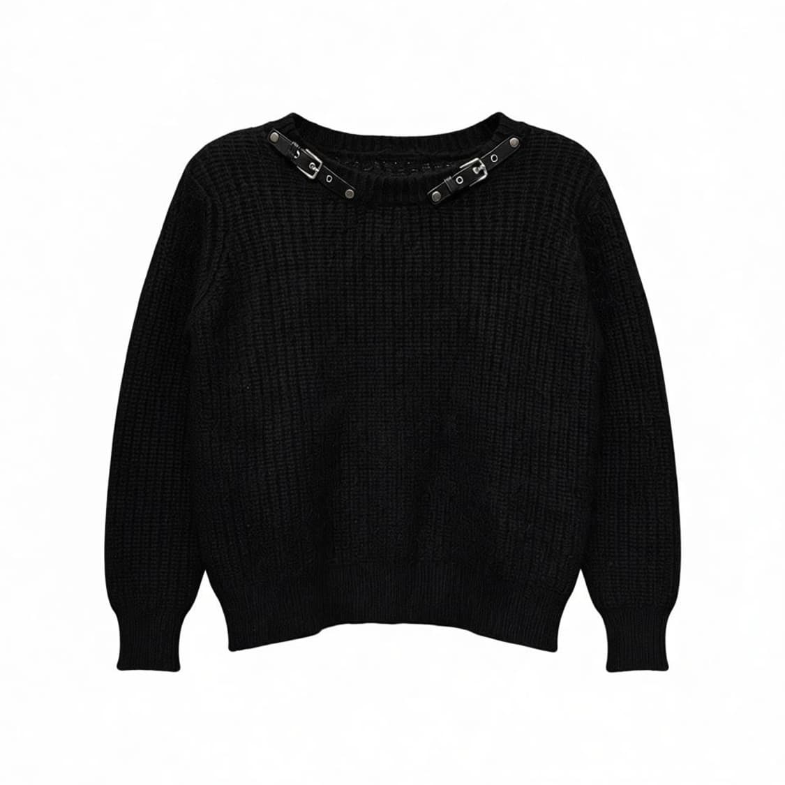JPN VINTAGE 헤어리 와플니트 스웨터 아일렛 버클 디테일 블랙 상품이미지1