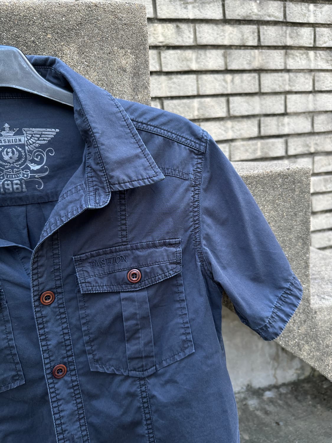 Vintage washed navy pocket half shirts  상품이미지5