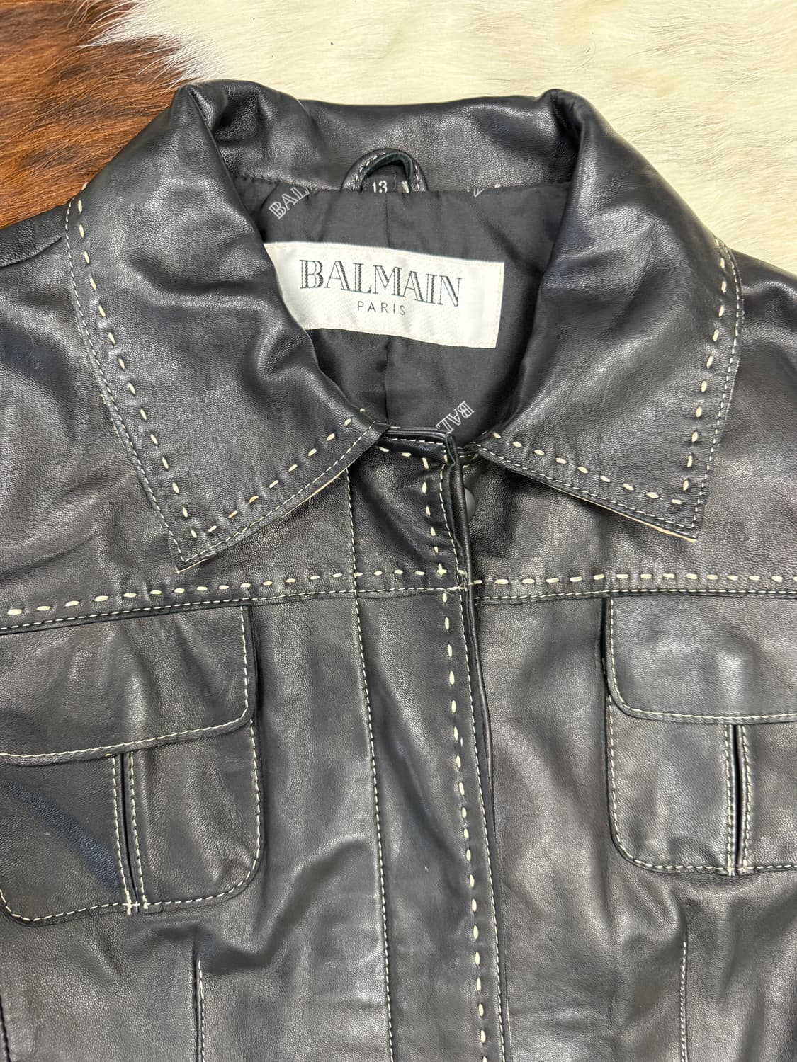 90s 일본 발망 화이트 스티치 램 레더 자켓 상품이미지2