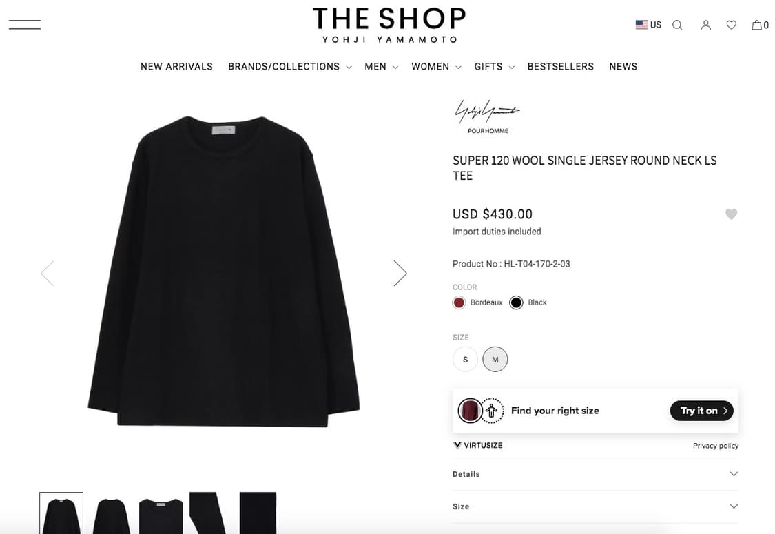 요지 야마모토 뿌르옴므 수퍼 120울 싱글 저지 롱슬리브 티셔츠 상품이미지10