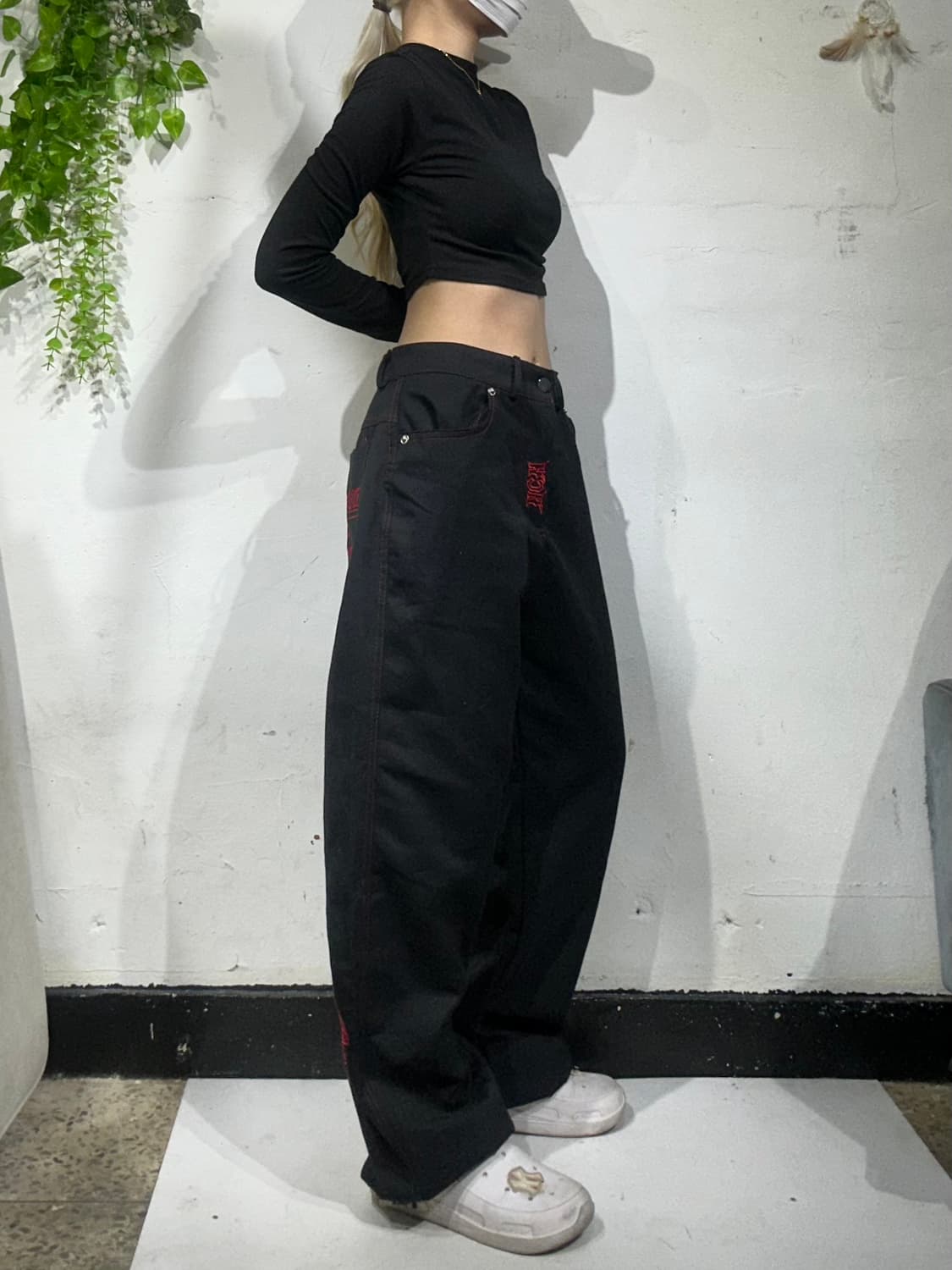 일본 빈티지 블랙 레드 자수 힙합 와이드 팬츠 바지 XL 상품이미지2