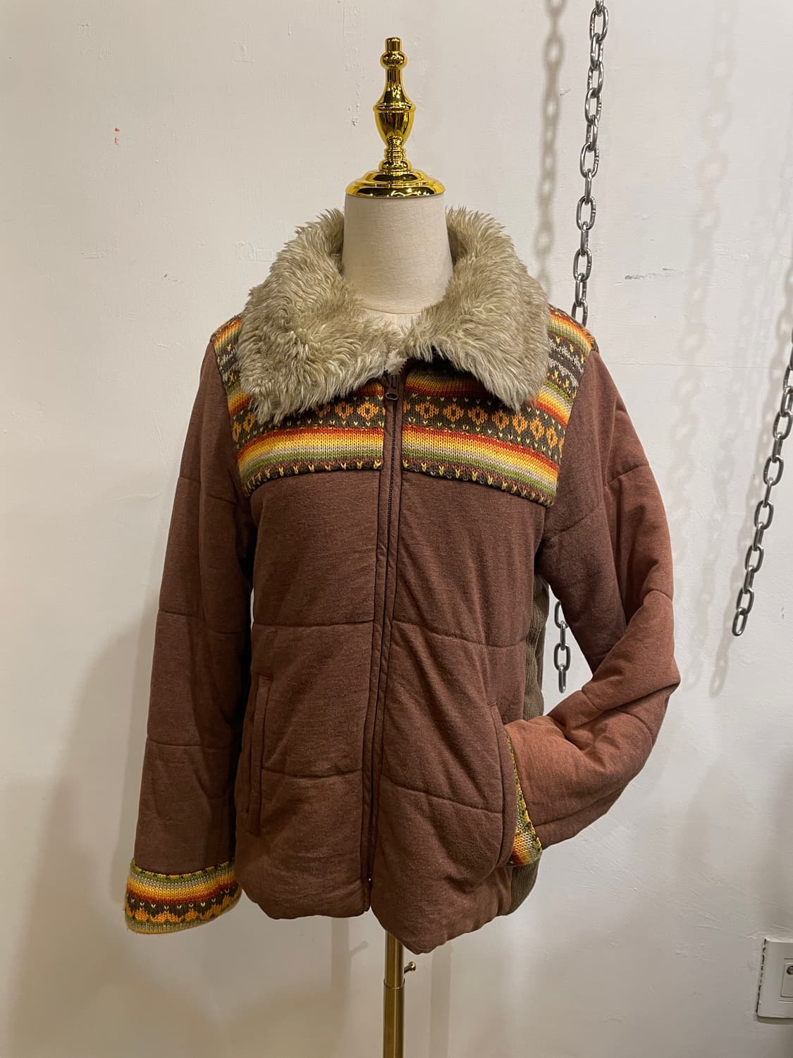 kriff mayer 에스닉 패턴 퍼 카라 브라운 패딩 히피 모리 상품이미지5