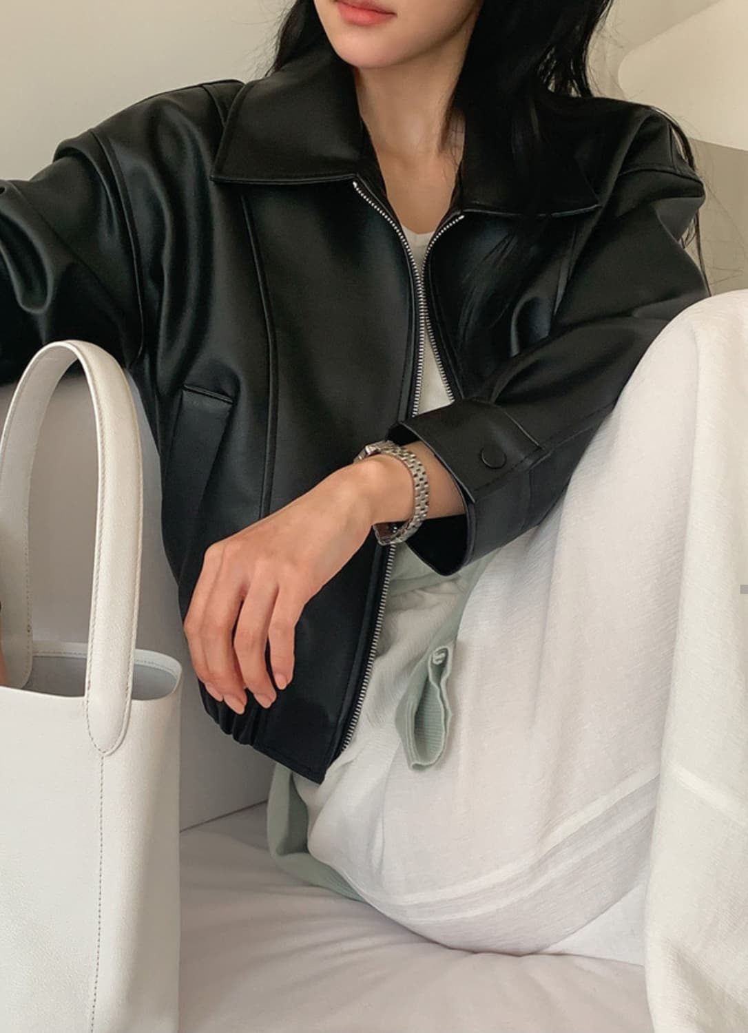 바로 배송 가능) 베니토 레더 블루종 가죽 자켓 상품이미지2