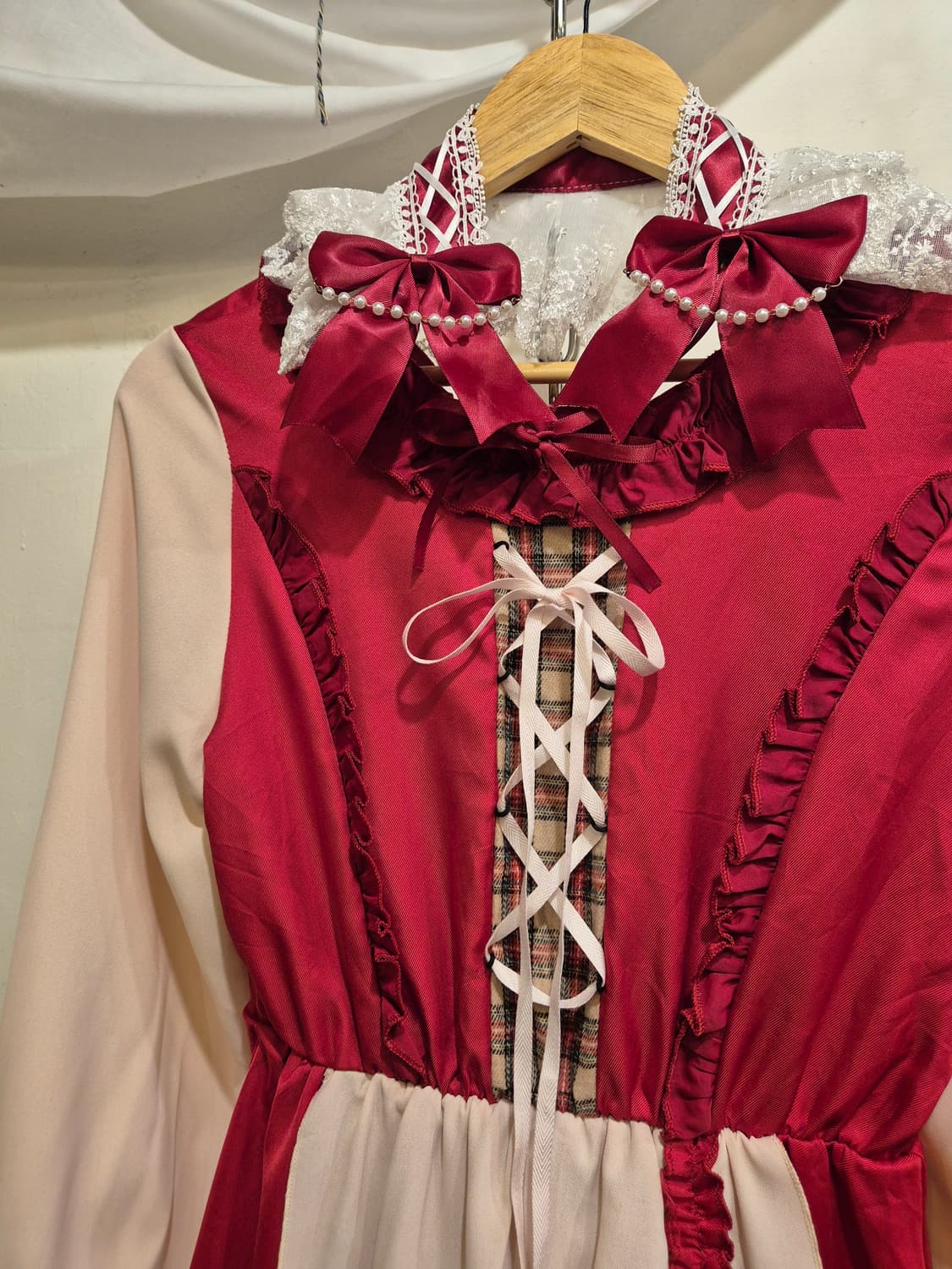 체크 패턴 아일렛 프릴 레드 헤도레 원피스 상품이미지5