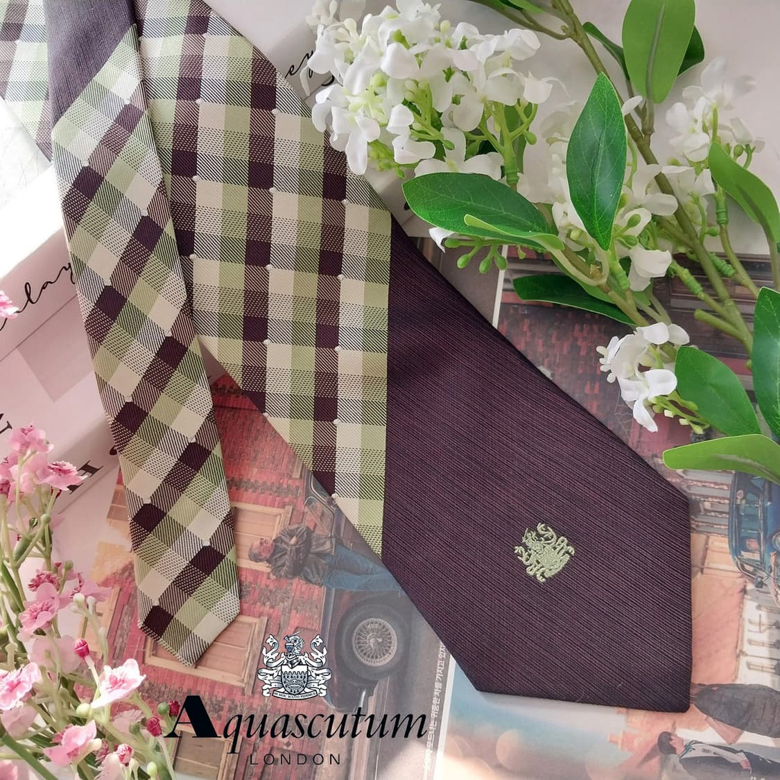 아쿠아스큐텀 실크 브라운 체크 믹스 넥타이 9.5cm A+등급 K1527 상품이미지1