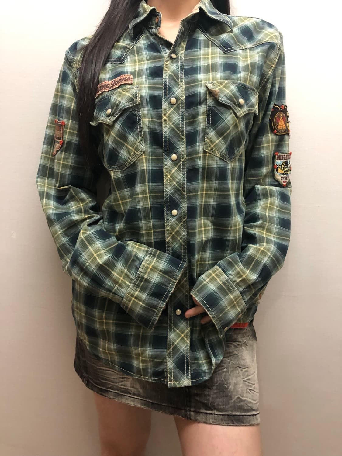 빈티지 그린 체크 패치 셔츠 상품이미지3