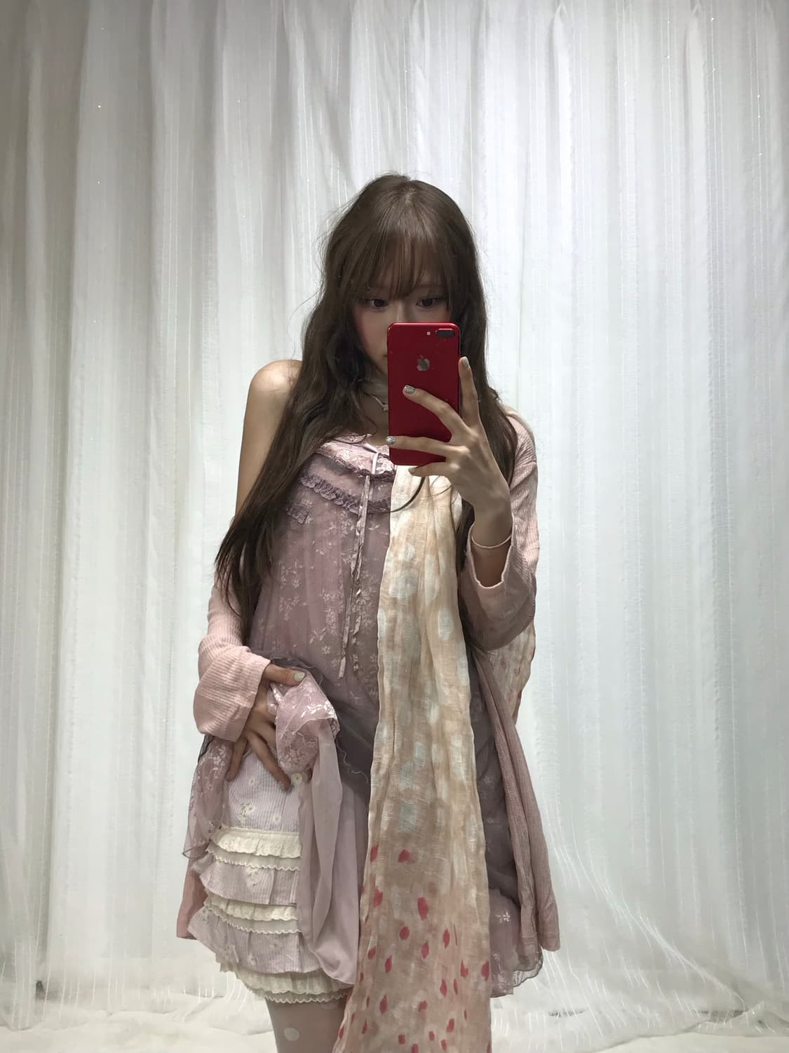 뮤트핑크 페어리 레이스 란제리코어 시스루 원피스 코디세트 상품이미지5