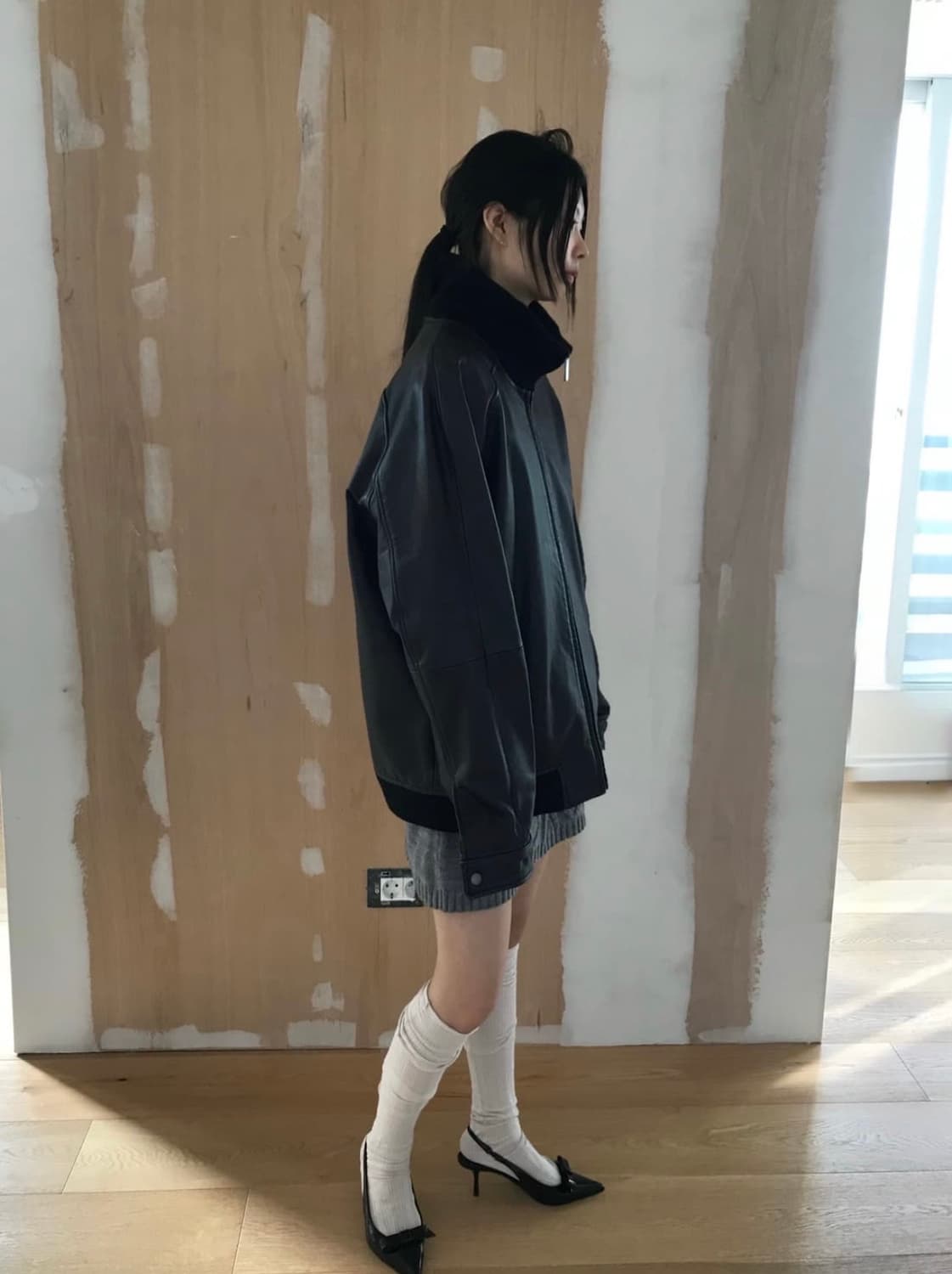 빈티지 하이넥 짚 레더 자켓 상품이미지1