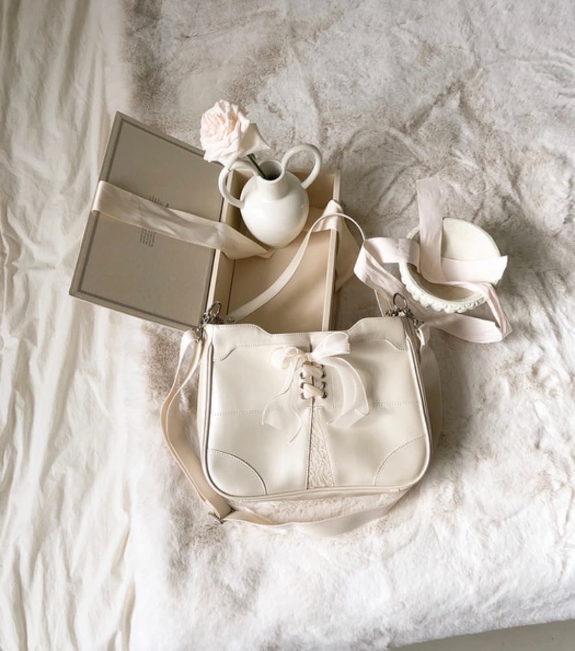 오부니 발레코어 레이스 리본 백 화이트 아이보리 상품이미지2