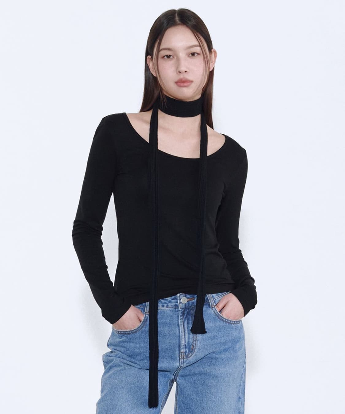 무신사 스탠다드 우먼 버티컬 크로셰 내로우 스카프 블랙 상품이미지1