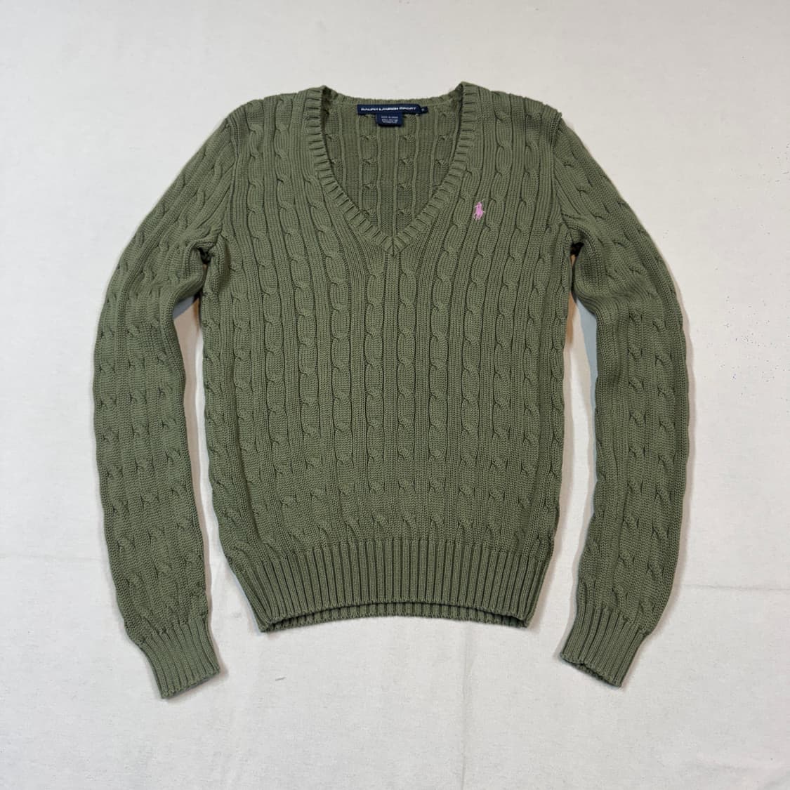 M) 폴로 랄프로렌 코튼 케이블 꽈배기 브이넥 니트 올리브 그린 상품이미지1