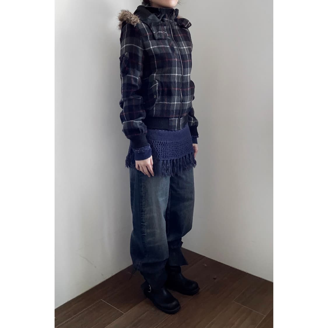 Fur Trimming Checkered Padding   상품이미지2