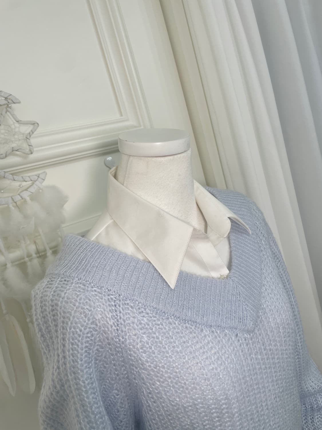 sheer blue v-neck waffle sweater&white l 상품이미지7