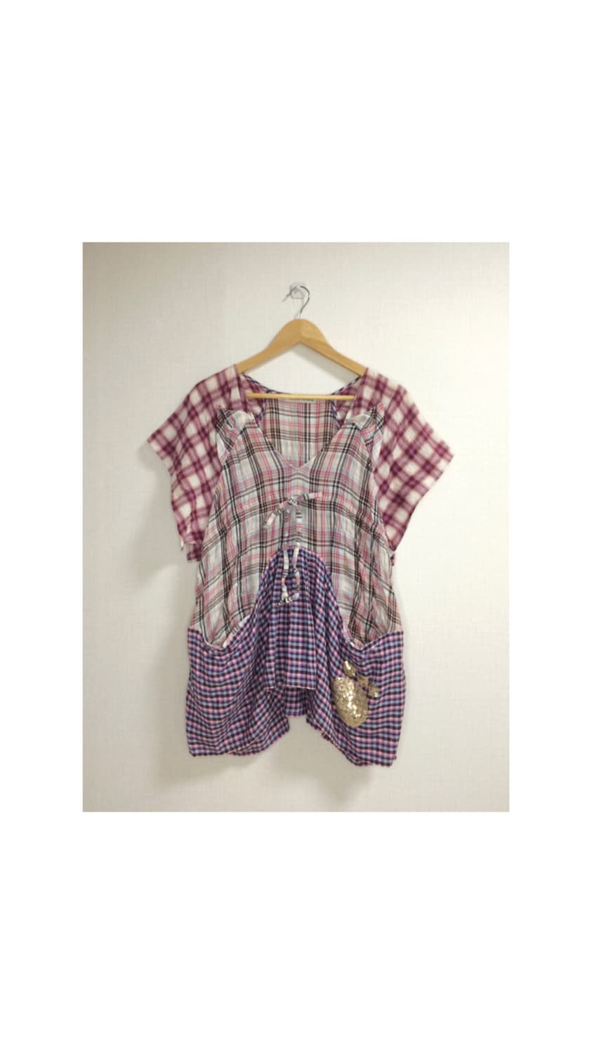 츠모리치사토 캣 체크 셔링 블라우스 튜닉 상품이미지1