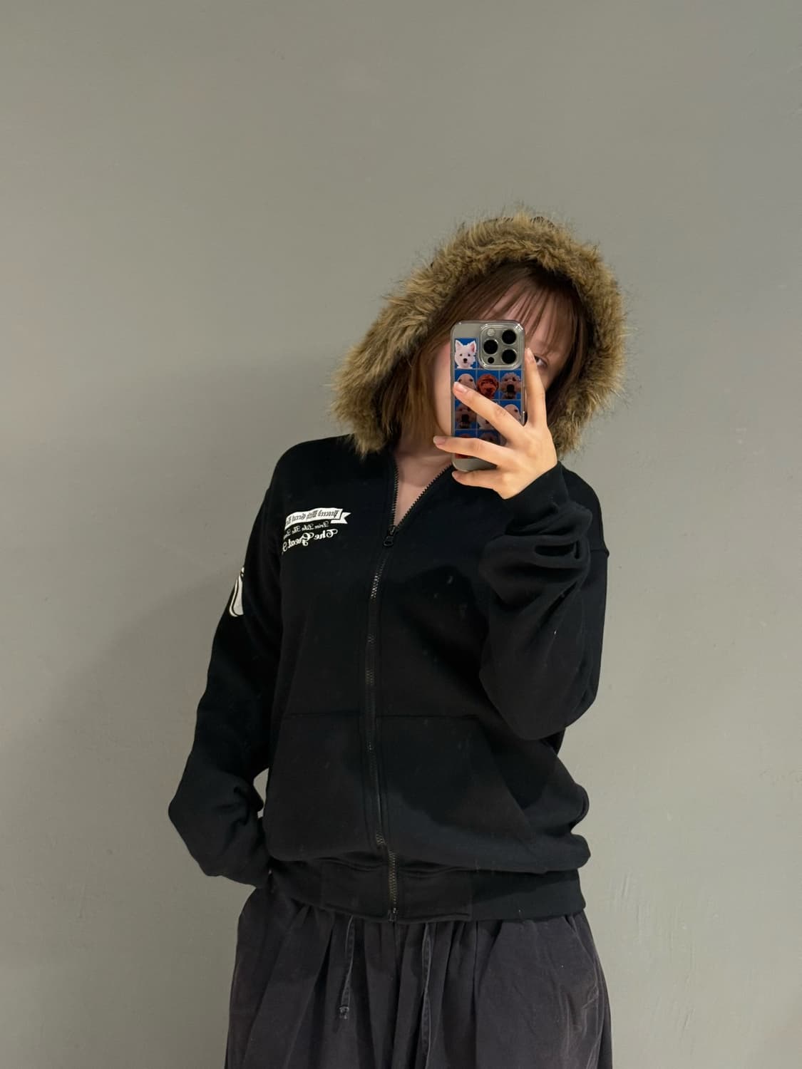 fur hood back printing hood zip-up 상품이미지2