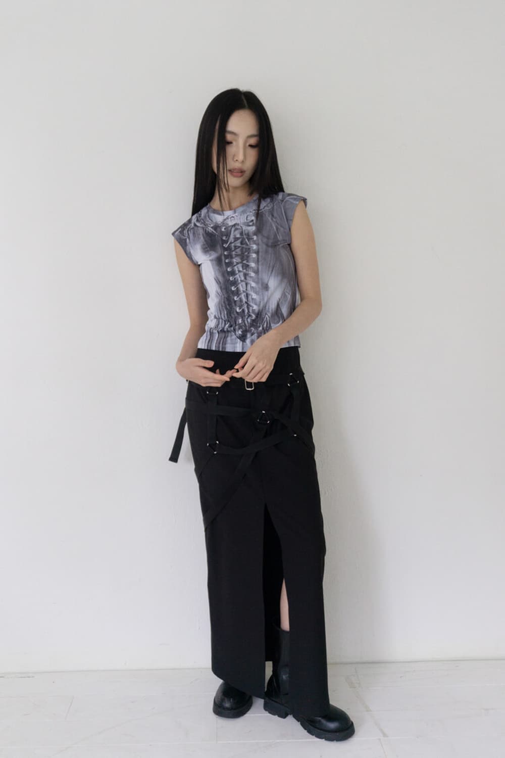 Youshim (유심) 울 데미지 하네스 롱 스커트 상품이미지1