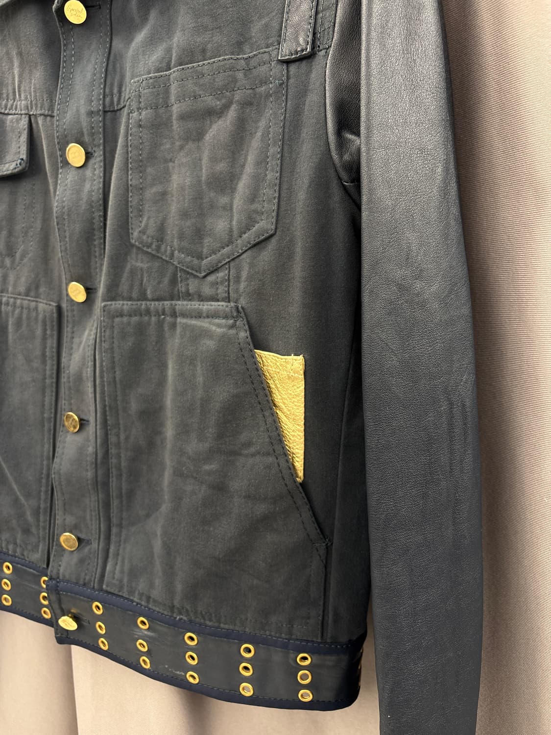 골드네이비 레더소매 코튼자켓 상품이미지2