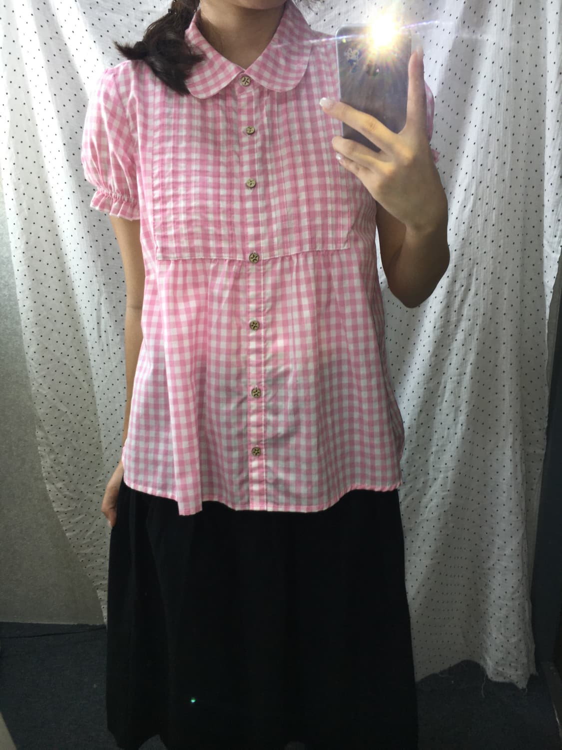 핑크 체크 홍콩 블라우스 상품이미지3