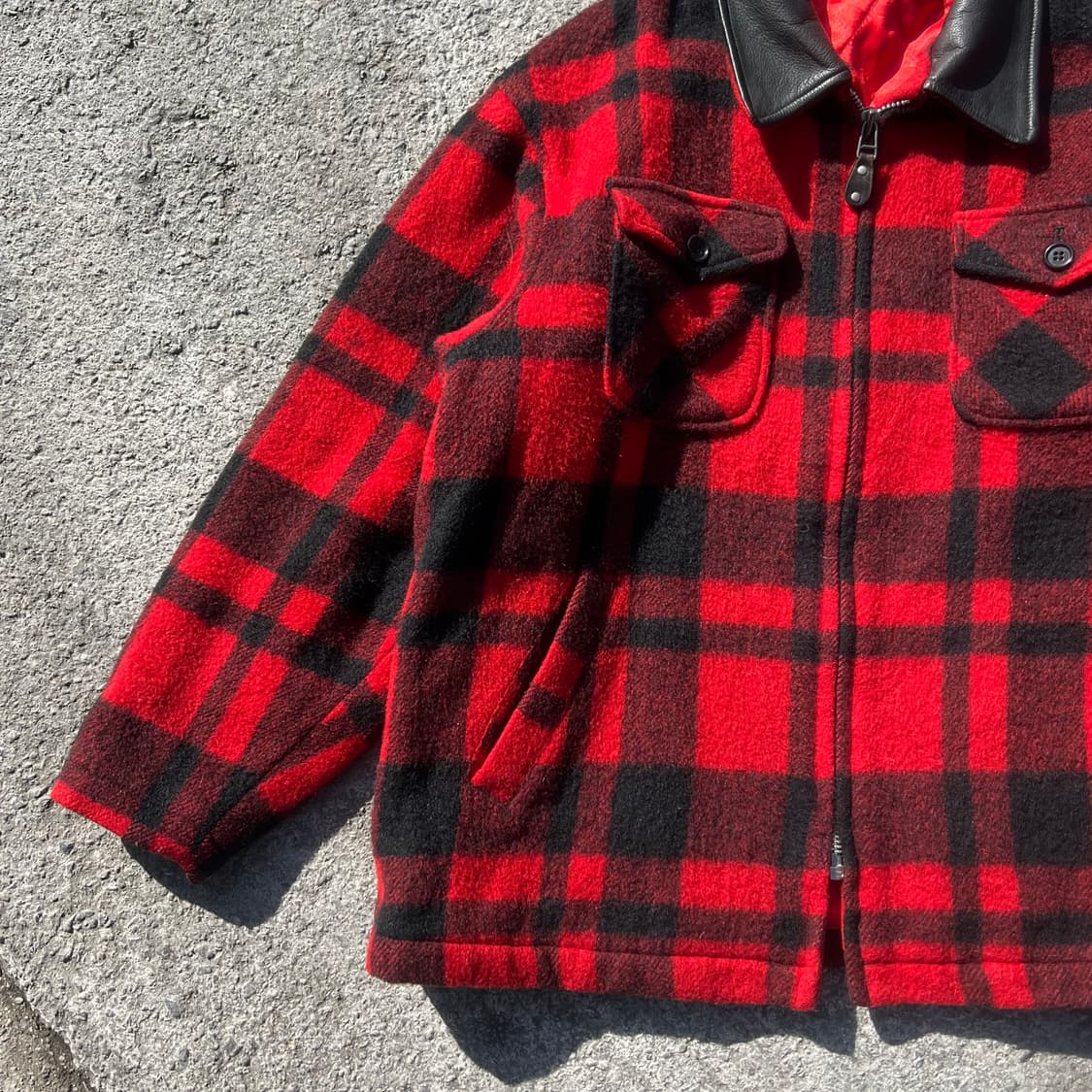 90’s 레더 칼라 울 체크 자켓 상품이미지5