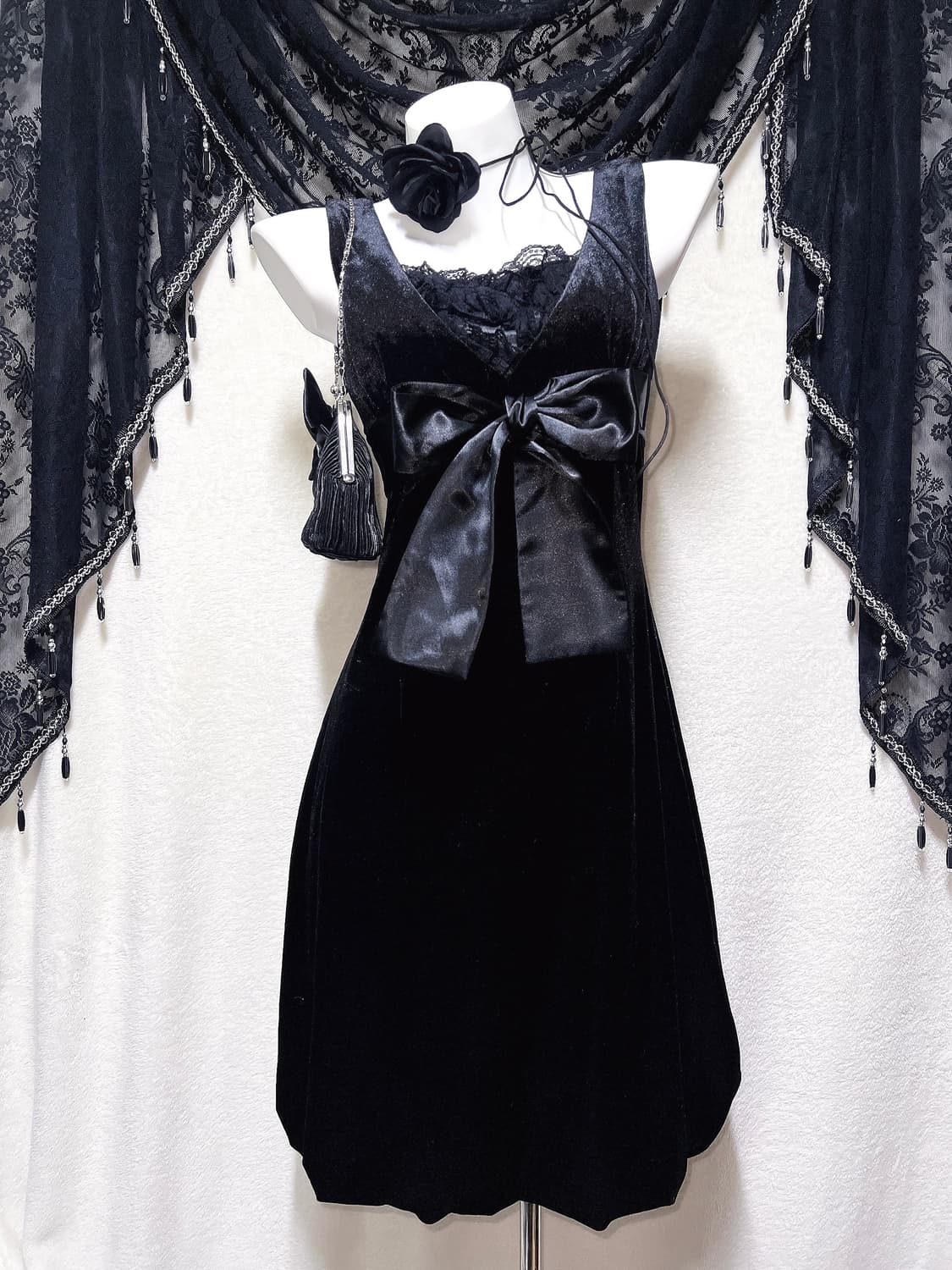 로맨틱고딕 고스로리 펑크 프릴레이스 리본 벨벳 원피스 히메 공겜 갸루 상품이미지6
