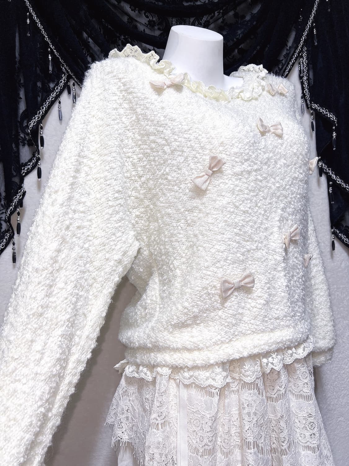 리즈리사 달천깔 라떼갸루 히메 로맨틱 로걀 백리본 뽀글이 니트 핀터 희귀 상품이미지4