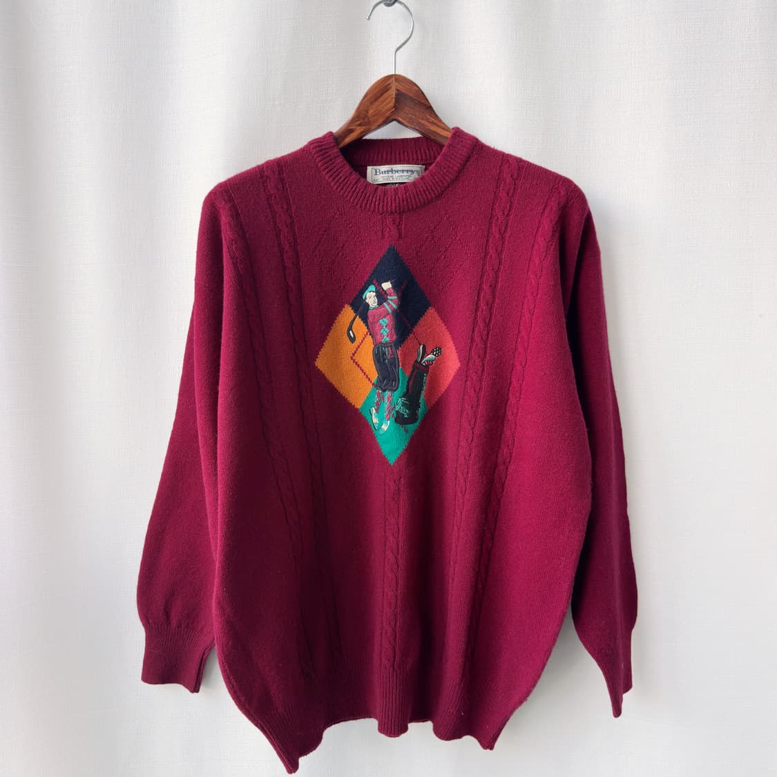 버버리 90s 골프맨 아가일 퓨어 램스울 니트 버건디 42사이즈 상품이미지1