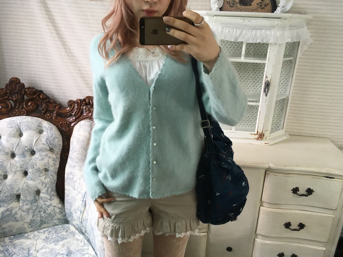 Set)민트 울 가디건 + 로즈 머플러 + 레이스 슬리브리스 상품이미지5