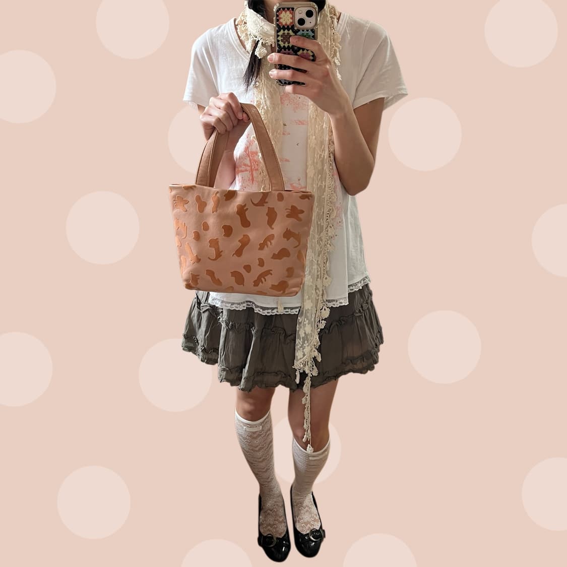 츠모리 치사토 고양이&나비 피치핑크 레더 토트백 상품이미지2