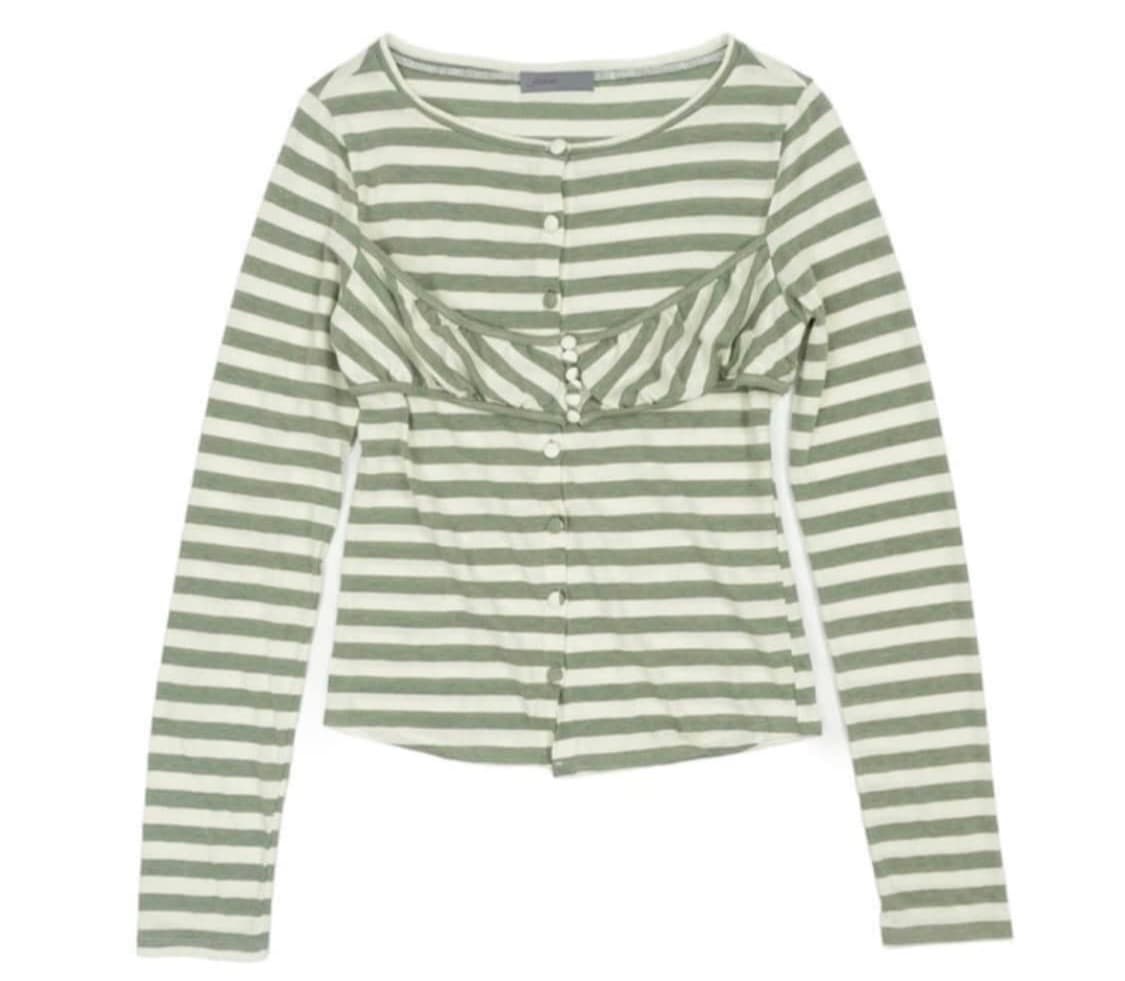 샵페어리 스트라이프 버튼 가디건 카키 상품이미지1