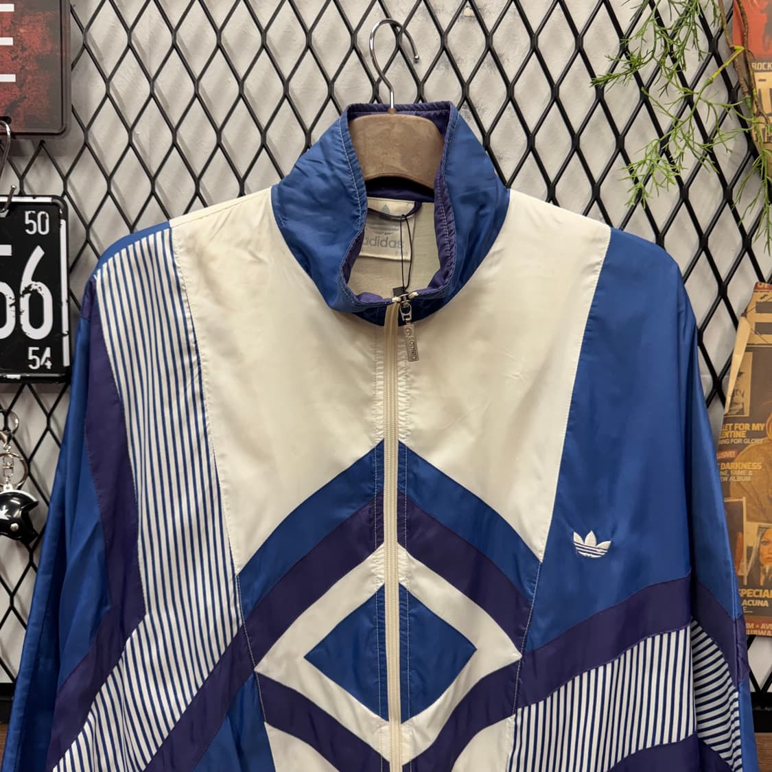 90s 아디다스 올드스쿨 바람막이 전후면 패턴 포인트 블루 화이트 상품이미지3