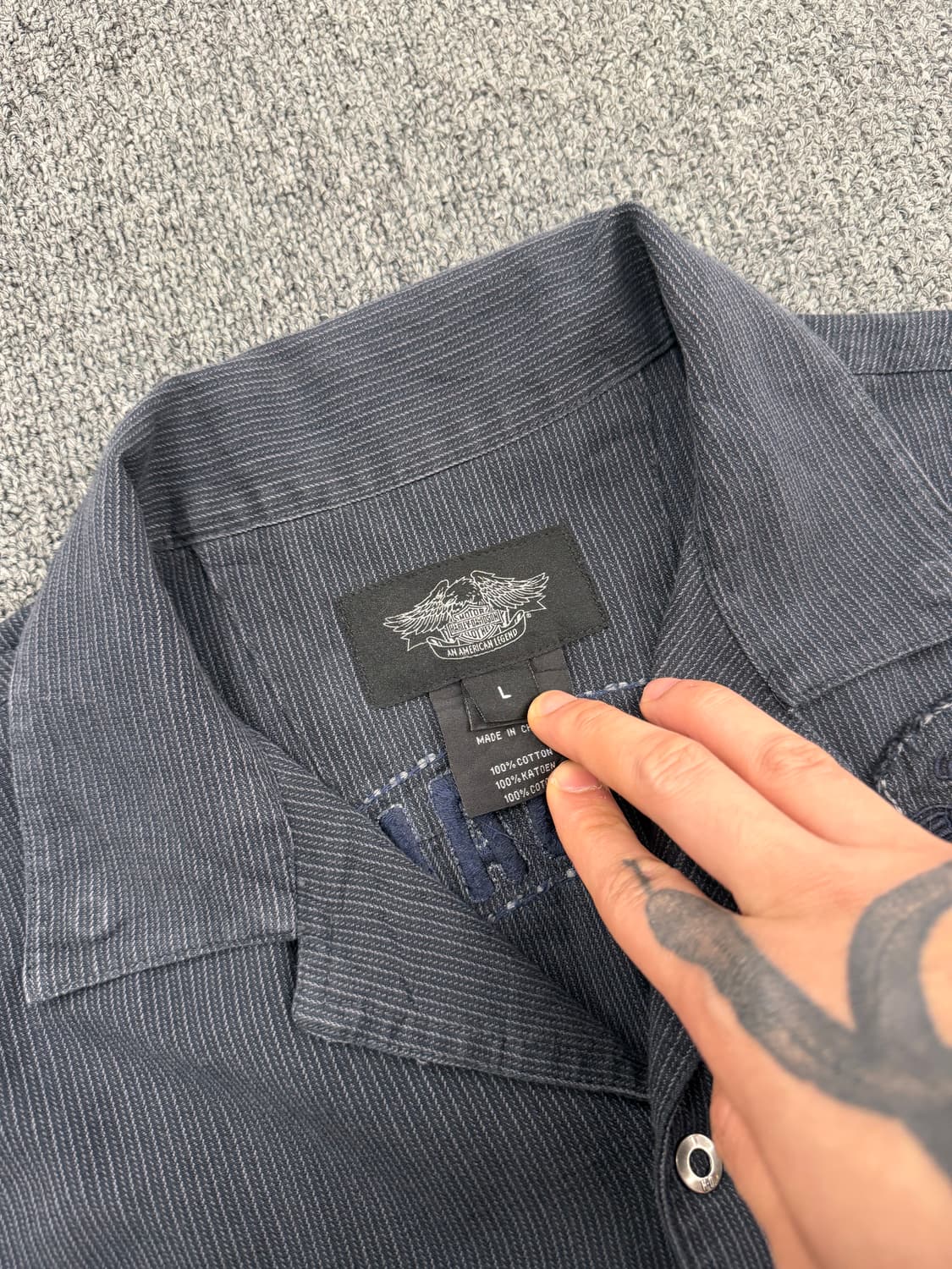 L) 할리데이비슨 빈티지 스트라이프 패치 자수 반팔 셔츠 상품이미지3