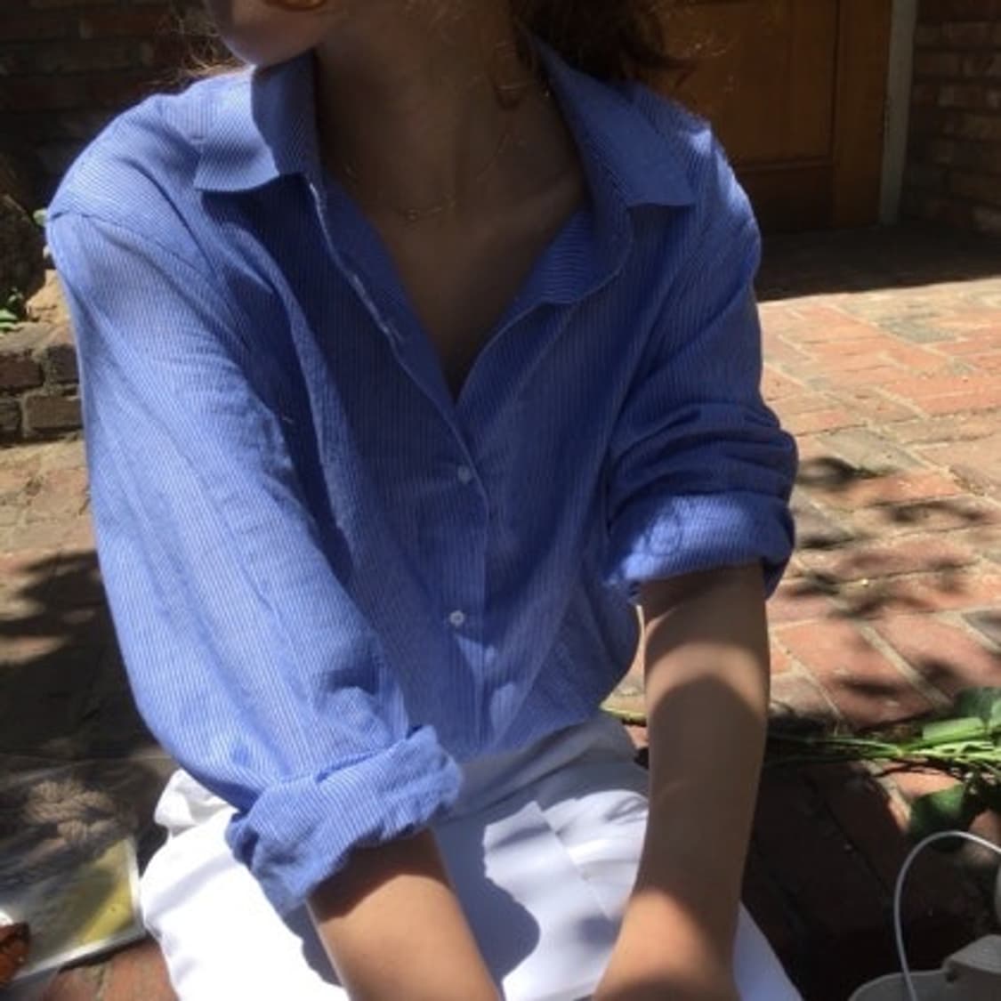 mone 모네 리본빛 스트라이프 블루 썸머 오버핏 셔츠 상품이미지4