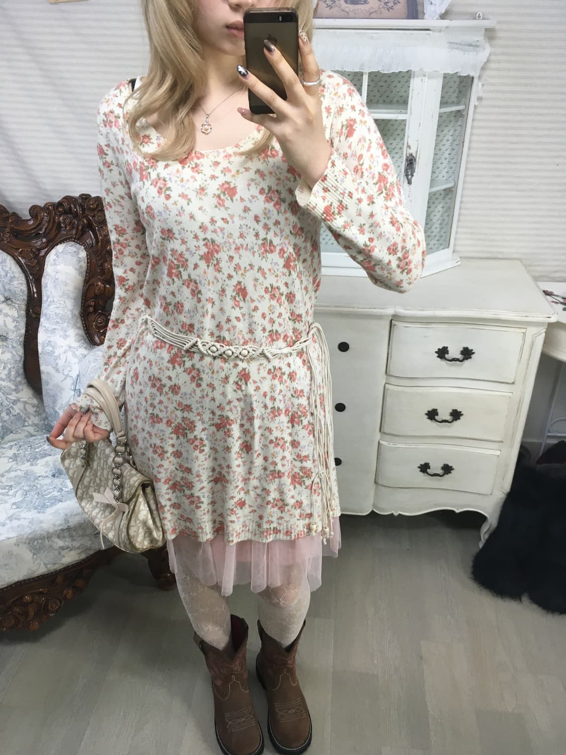 Set)  floral  knit onepiece + belt 상품이미지1