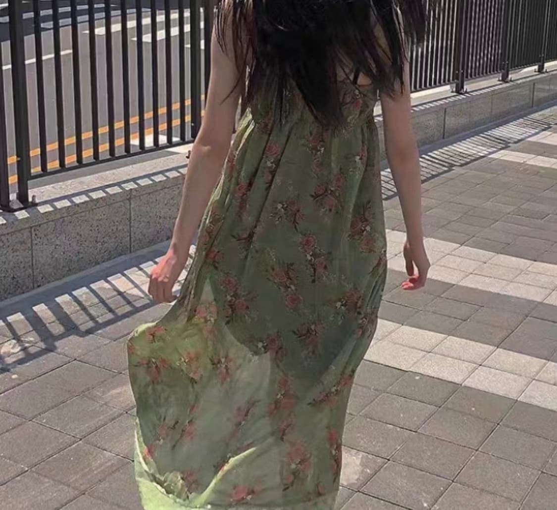 그린 꽃무늬 레이스 롱 원피스 상품이미지3