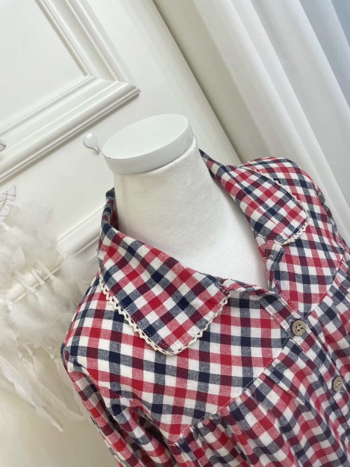 red navy check mori shirring loose shirt 상품이미지7