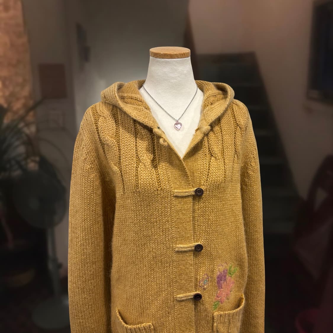 빈티지 모리걸 울혼방 머스타드 후드 니트 코트 가디건 상품이미지8