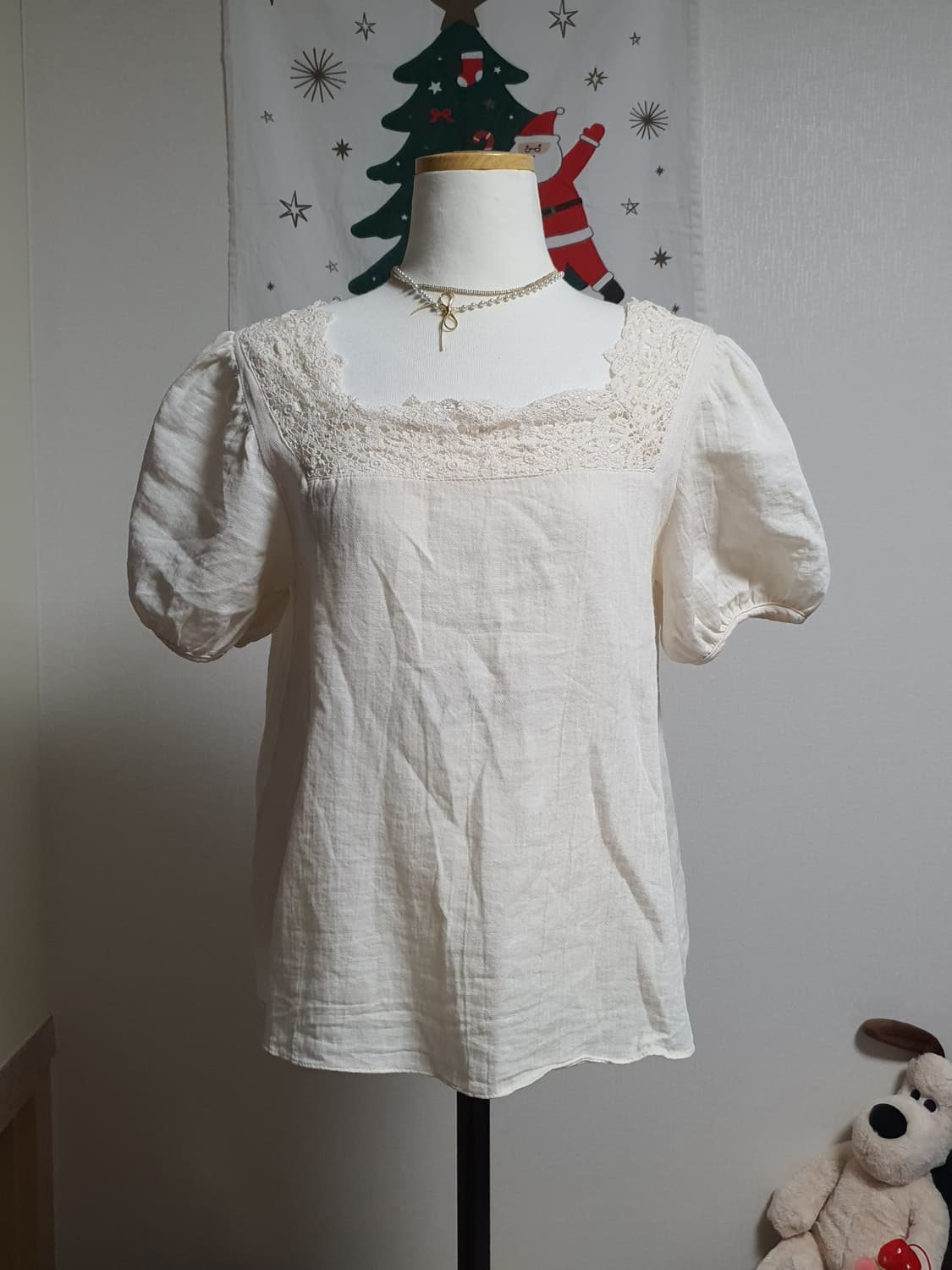 [모리걸] 아이보리 레이스 블라우스 퍼프소매 상품이미지2