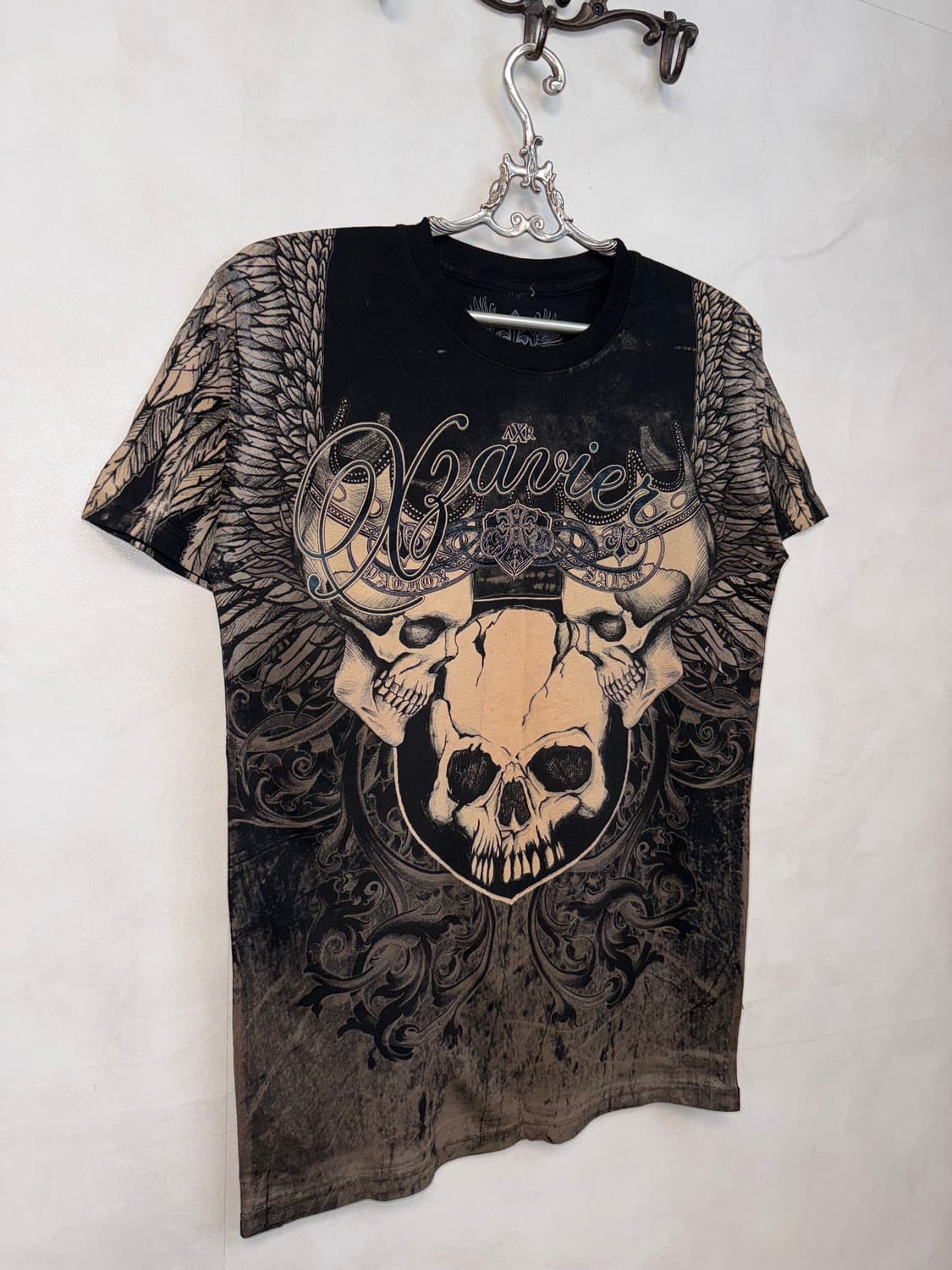 Black tie dye punk skull wings half t 상품이미지2